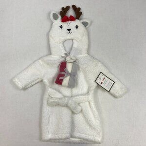NWT Adorable Baby Reindeer Plush Bathrobe and Wash Cloth Set, 0-9 Mos